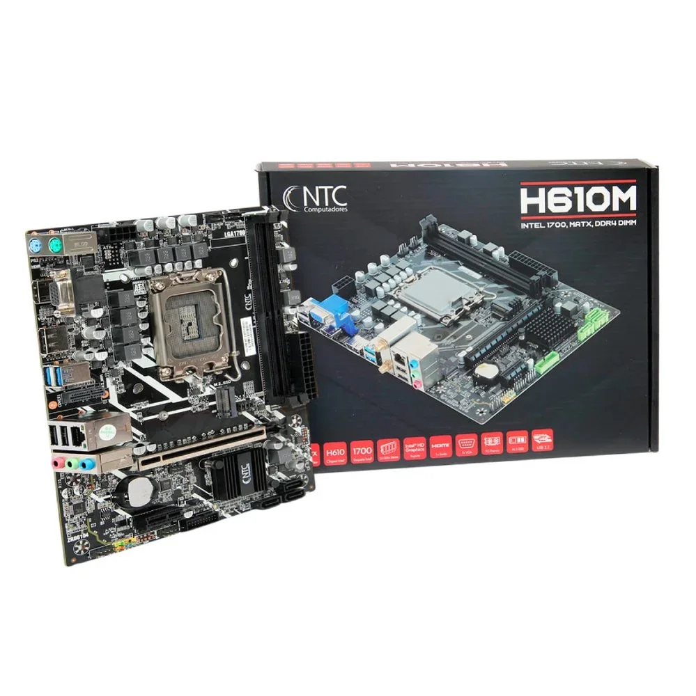 Placa Mãe 1700 12ª, 13ª, 14ª Geração Ntc H610M, Ddr4 064Gb, M2/Nvme, Dp, Hdmi, Vga, Preta