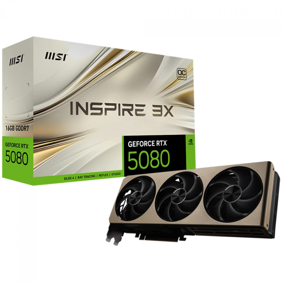 Placa De Vídeo Geforce Ddr7 16Gb/256 Bits Rtx 5080 Msi, Inspire, 3 Fans, Dp, Hdmi, 912-V531-203, Preta/Dourada