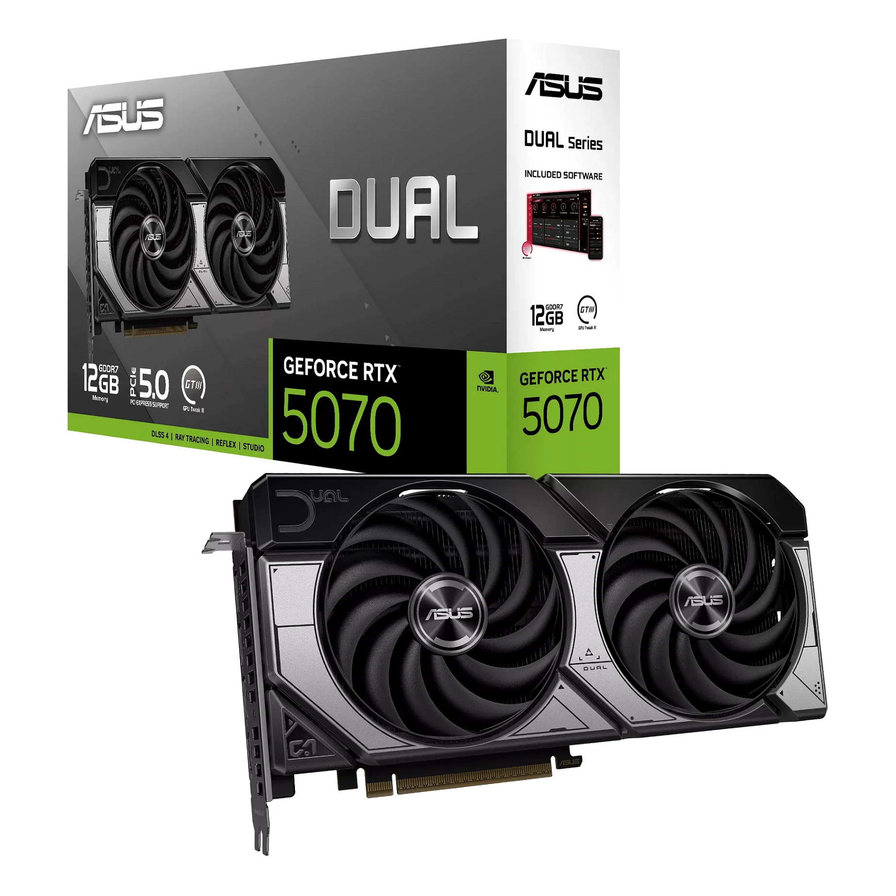 Placa De Vídeo Geforce Ddr7 12Gb/192 Bits Rtx 5070 Asus, 2 Fans, Dp, Hdmi, Dual-Rtx5070-12G, Prata e Preta