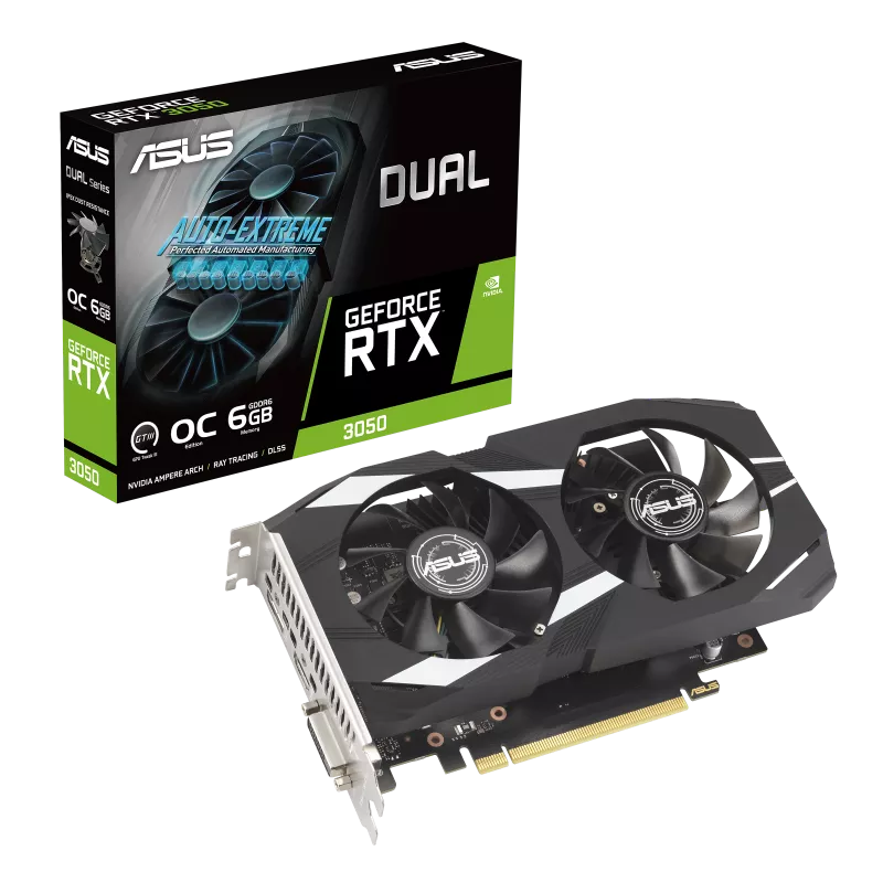 Placa De Vídeo Geforce Ddr6 06Gb/096Bits Rtx 3050 Asus, 2 Fans, Dp, Hdmi, Dvi, Dual-Rtx3050-6G, Preta